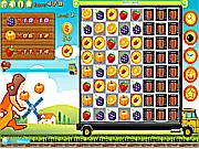 Dinosaurs Eat Fruit Match 3 game screenshot showing various fruits being swapped on a grid to feed hungry cartoon dinosaurs, free online puzzle game