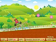Dora Stunts free online game screenshot, showing Dora the Explorer riding a bike over a bumpy track collecting flowers, physics bike game