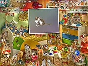 Cats House hidden object free online game screenshot showing cats hidden in a picturesque room on PlayArcadeHub