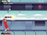 Screenshot of Brian Blastoff online flying game, Brian collecting coins in a colorful tube and avoiding missiles, play free on PlayArcadeHub