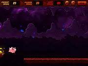 The title screen for the game About a Pig, showing a cartoon pig with a determined expression running against a backdrop of fire and brimstone in a hellish landscape.