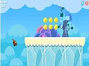 Screenshot of Super Belly Boarder, showing a cartoon character belly boarding across a colorful platform, leaping over a red monster and collecting a gold star bonus.