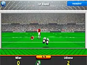 Goalkeeper Italian free online game screenshot, showing a first-person view of a football goal and a ball approaching for a save, sports game