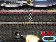Screenshot of the Car Wrecker Challenge game showing a crane and wrecking ball positioned over multiple cars moving on a track, free online arcade game