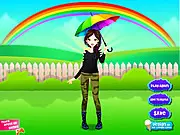 Rainy Day Makeover free online game screenshot, showing four girls (Lilly, Ella, Sarah, Gabby) in cute raincoats, wellies, and holding umbrellas, dress up game