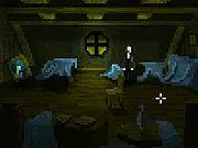 A low-resolution pixel-art screenshot from The Last Door, showing the protagonist Jeremiah Devitt standing in a dark, moody Victorian mansion hallway lit by a small lamp.