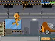 Dummy Sneak Out free online physics puzzle game screenshot showing a crash test dummy escaping a factory full of mechanical traps