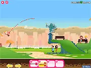Screenshot of Stupid Cupid Los Angeles game showing the Cupid character aiming a bow and arrow over stylized cartoon city streets.