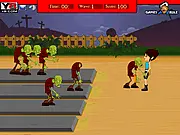 Rise of the Zombies free online game screenshot, showing a young girl shooting at a zombie horde while family members are nearby, action shooter game