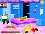 A cartoon scene from Baby Kiss Flash showing two babies in a nursery or park, leaning in to kiss each other, while a larger adult figure (like a nurse or parent) has their back turned to the scene.