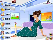 Fashion dress up game screenshot showing a pregnant lady wearing an elegant dress.