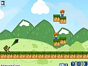 Screenshot of Bieb Blaster 2 game, showing a character firing a bazooka at a target with a celebrity resemblance.