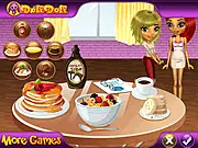 The two Doli girls, Lisa and Mina, serving a beautifully decorated breakfast plate in the online styling game 'Breakfast at Doli' on PlayArcadeHub