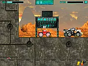 Online racing game screen showing a large monster truck with massive tyres flying over a dirt track obstacle, playing the Monster Challenge