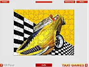 Online jigsaw puzzle game featuring a crazy yellow taxi car jumping over obstacles
