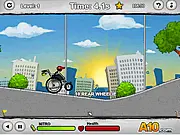 Gameplay screenshot of Wheelchair Challenge showing a character in a wheelchair racing through a busy city street to save their cat.