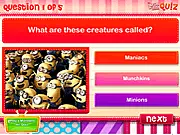 Online trivia quiz game screen with questions about the characters from the Despicable Me movie series, including Gru and the Minions