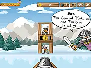 Gameplay screenshot of Tower Breaker showing a cannon firing a projectile at a crumbling stone tower with enemy foes on top.