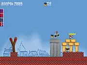 Play Angry Policeman free online game screenshot; launching a police officer with a slingshot to destroy a thief's hideout