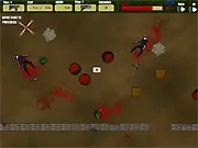 Gameplay screen from Green Skinned Soldier showing the main character firing a weapon in a destructible environment against invading human soldiers
