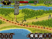 Strategic top-down view of units on a colored path preparing to defend against an army of Orcs in the online strategy game Clash of the Worlds