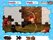 Play Jolly Jigsaw Brave free online. Pieces of a complex, colorful picture jigsaw puzzle scattered and ready to be solved, symbolizing a brain challenge.