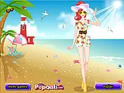 Screenshot of Sunshine Beach Dress Up game, showing a girl in various summer beach outfits, play free online.