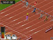 Screenshot of Hurdles Race online game showing an athlete sprinting and leaping over a red hurdle on a blue track.