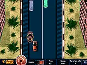 A fast-moving sports car in the Highway Rush free online game speeding on a multi-lane highway, with enemy cars targeted for destruction.