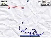 The ragdoll dummy hanging from blocks in Save the Dummy, a physics puzzle game, right before the player removes a red block