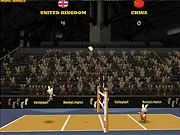 BunnyLimpics Volleyball game screenshot with two teams of bunnies on a court, free online sports game