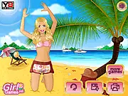 Girl in a glamorous swimsuit on a beach with a colorful beach ball in the free online Summer Fun Dressup game
