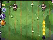 Screenshot from Arcanas Defender showing a player's cannon switching between columns to blast multiple alien enemies advancing on the screen