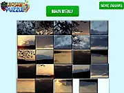 Swedish Sunset Slider tile puzzle game showing a beautiful sunset over a Swedish landscape