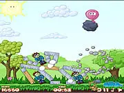Screenshot of Helium Rush physics puzzle game showing balloons lifting objects to destroy a structure with cartoon zombies