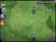 Screenshot of Arcana's Defender free online game showing the magic pet hero surrounded by fantasy monsters in a mysterious foggy forest.