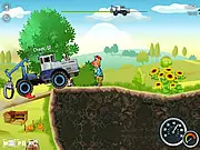 Tractors Power Adventure free online game screenshot - A tractor driving at maximum speed through a hilly village landscape