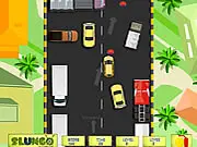 Screenshot of US Driving Test Simulator online game showing a car driving carefully through a city street environment.