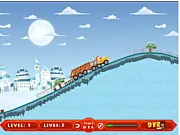 A large 12-wheeler truck with a heavy cargo trailer driving carefully up a steep hill on a dirt road in the 12 Wheeler free online game.