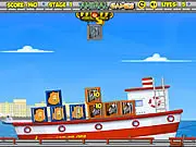 Save the Animals game screenshot showing a launched wooden box hitting another identical animal box, caged animals in the background, free online physics puzzle game