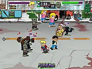 Gameplay screenshot of Zombiesta showing a character blasting a gun at a group of cartoon zombies in a city street, emphasizing the zombie shooting action.