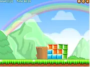 Screenshot of the Colorful Box Puzzle game, showing a stack of red, yellow, and blue cubes that need to be moved into a dotted target area.