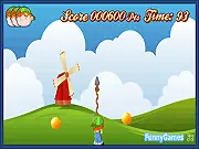 BubbleMaster game screenshot, character shooting a harpoon at large bouncing bubbles, free online arcade game