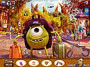 Screenshot from Monsters University Hidden Objects game showing Mike and Sulley in a college setting with a list of items to find.