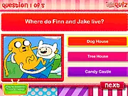 Adventure Time Quiz logo, featuring Finn the Human and Jake the Dog, promoting a free online knowledge test for fans of the show.