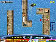 Jet ski navigating a tight dock and aiming for a parking spot in the free online precision driving game Jet Ski Parking