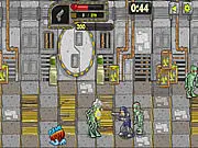 A heavily armored space marine character shooting a laser gun at a horde of alien enemies in a futuristic arena shooter game.