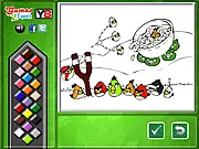 Angry Birds Online Coloring Game screen showing an image of the Red bird partially colored with a palette of colors available.