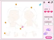 Screenshot of the Duvet Dash: Lovel to Love game showing characters moving under a duvet with various pills on the screen, free online arcade game
