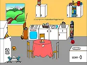 Screenshot of Hungry Mouse Skateboard game showing a mouse balancing a stack of food while riding a skateboard on a winding track, free online physics game